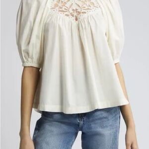 NWOT Cleobella Women's Organic Cotton Ivory Baylor Blouse Eyelet-Cut Yoke Top S